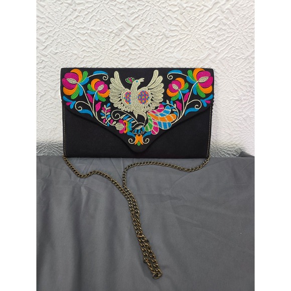 Rang Ja Handbags - Rang Ja Clutch Bag Womens OS Black Excellent Embroidered Ethnic Peacock Floral
